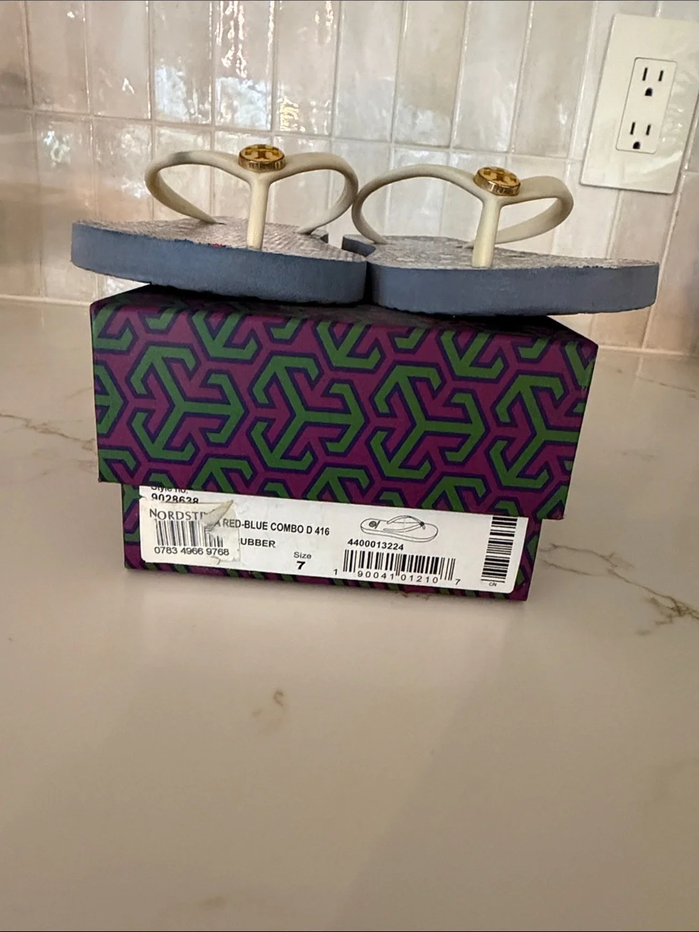 Tory Burch Multicolor Confetti Logo Flip Flops with Cream Straps Size 7
